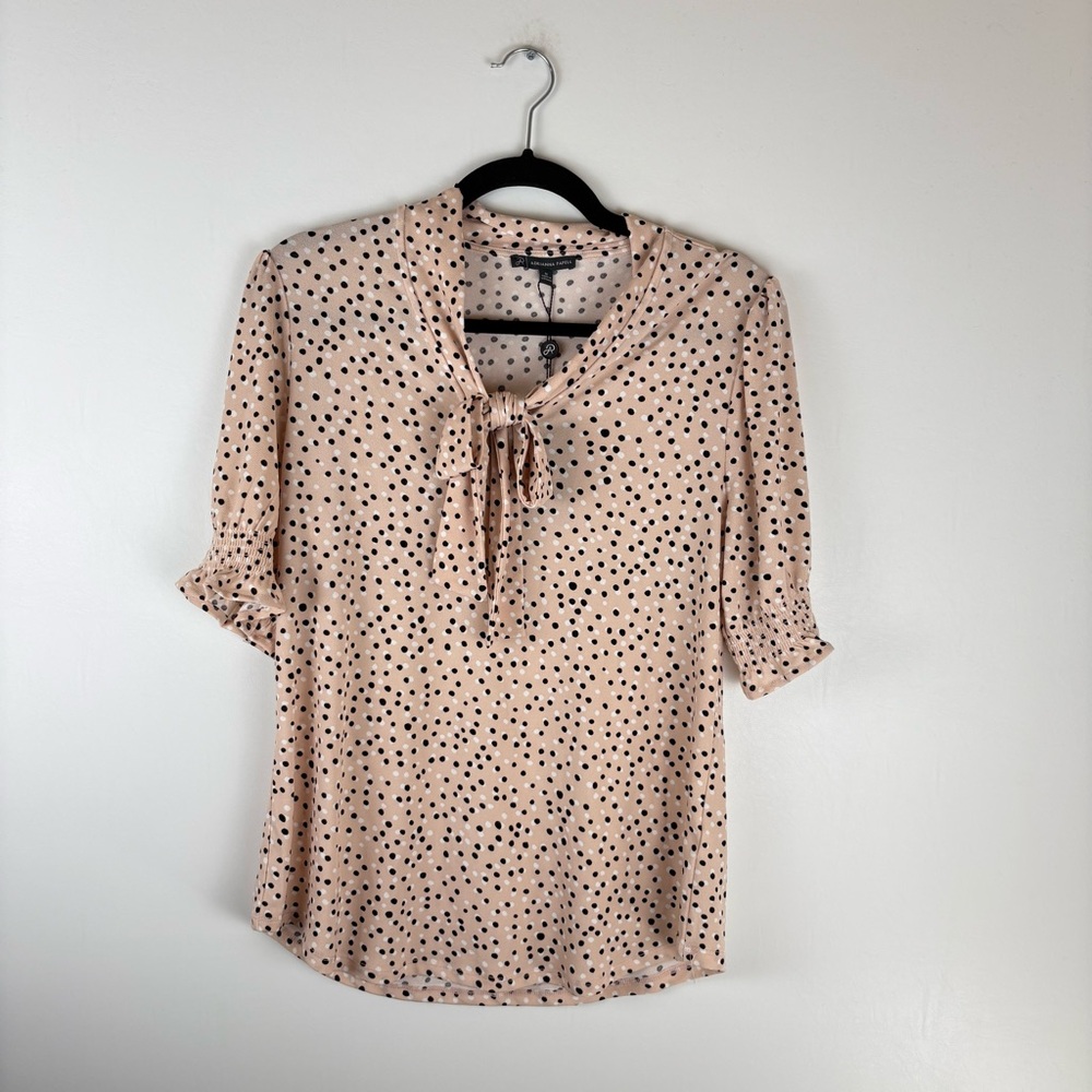 Adrianna Papell Womens Medium Blouse Tie Neck Short Sleeve Pink Top Polka Dots